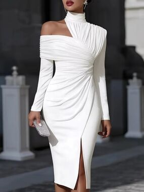 Elegant White One-Shoulder Ruched Midi Dress, NWT